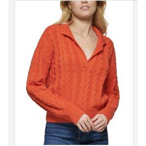 DKNY Knit pullover Cable Sweater V-Neck Long-Sleeve XLARGE Orange Tangerine NWT